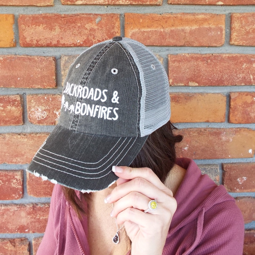 💚LAST 1 Backroads & Bonfires Distressed Trucker Hat Cap 0419 - Picture 1 of 4